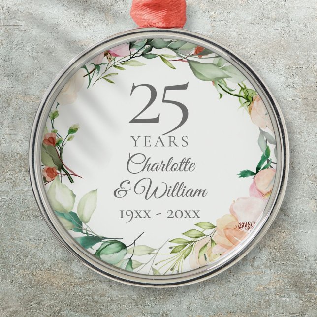 Ornement En Métal 25e anniversaire du Mariage Rose Floral Garland (25th Wedding Anniversary Roses Floral Garland Metal Ornament)