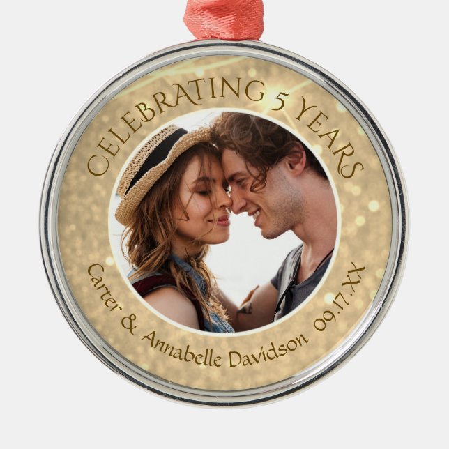 Ornement En Métal 5e anniversaire personnalisé | Gold Sparkle Photo (Devant)