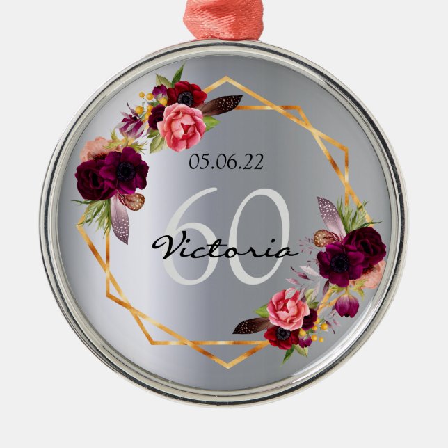 Ornement En Métal 60e anniversaire fleurs argentées géométrique bord (Devant)