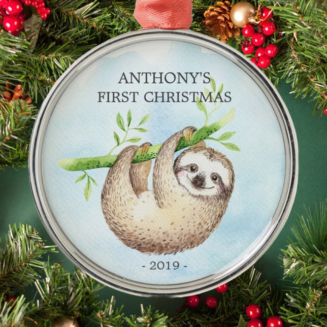 Ornement En Métal Adorable Sloth Baby's First Christmas Ornament (Créateur téléchargé)