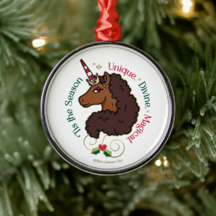 Ornement En Métal Afro Unicorn 'Tis Season Holiday Unicorn