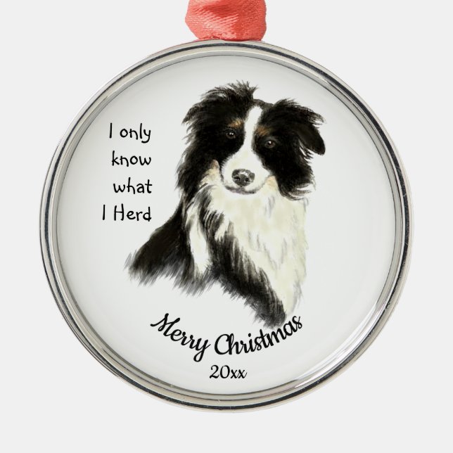 Ornement En Métal Aquarelle de Noël Bordure Collie Chien Citation (Devant)
