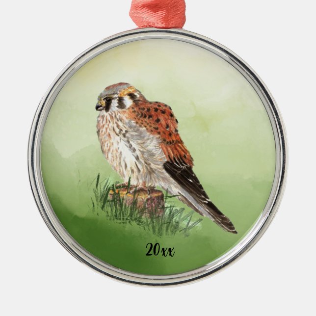 Ornement En Métal Aquarelle Kestrel Américain, Faucon Oiseau Hawk (Devant)