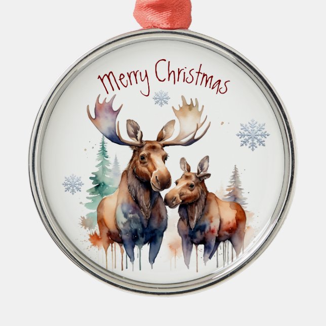 Ornement En Métal Aquarelle Moose Couple Art animal d'hiver (Devant)