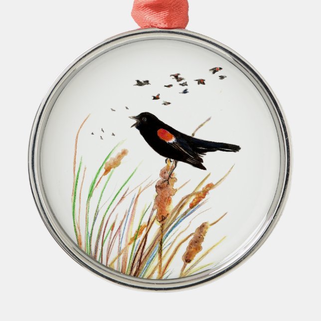 Ornement En Métal Aquarelle Oiseau-noir à ailes rouges - Collection  (Devant)
