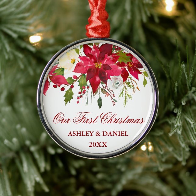 Ornement En Métal Aquarelle Poinsettia Floral Premier Noël (Arbre)