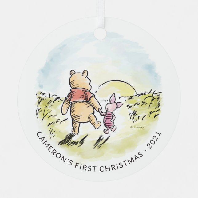 Ornement En Métal Aquarelle Pooh & Piglet | Premier Noël du bébé (Recto)