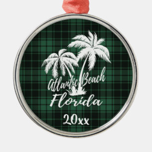 Ornement En Métal Atlantic Beach Florida Palm Tree Green Plaid