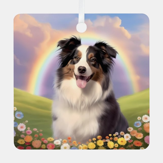 Ornement En Métal Australian Shepherd Custom Dog Name Rainbow Bridge (Recto)