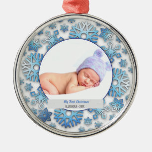 Ornement En Métal Baby Boy First Christmas Photo Snowflakes