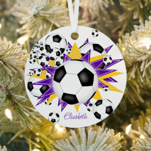 Ornement En Métal ballons de football or violet étoiles filles sport