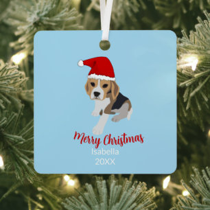 ORNEMENT EN MÉTAL BEAGLE BLEU POPPING CHIEN À NOËL SANTA HAT XMAS