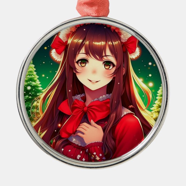 Ornement En Métal Belle Anime Girl en Noël rouge (Devant)