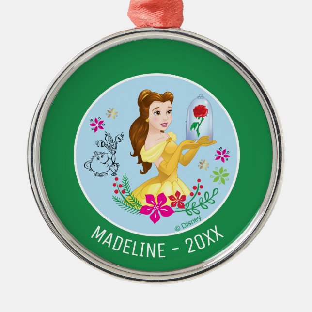 Ornement En Métal Belle | Belle Holding Verre Rose Ajouter Votre Nom (Devant)