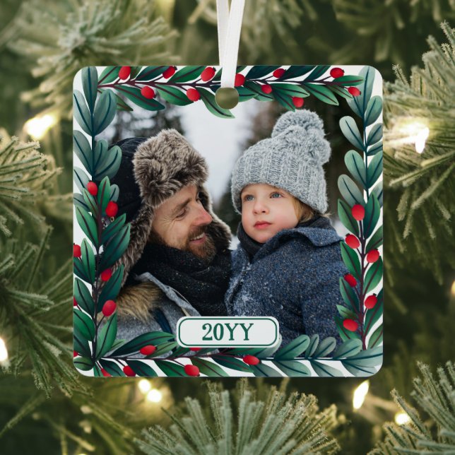 Ornement En Métal Belle couronne de Noël Carré Ajouter photo & année (Insitu)