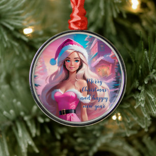 Ornement En Métal Belle fille de Noël rose 01