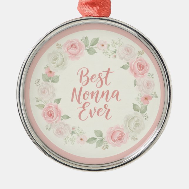 Ornement En Métal Best Nonna Ever Pink & Green Floral Wreath (Devant)