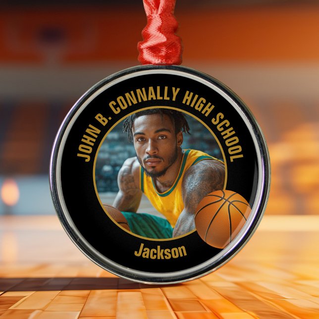 Ornement En Métal Black Gold Basketball Player Photo Christmas (Créateur téléchargé)