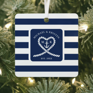 Ornement En Métal Bleu Nautique Cœur de Corde Rayée Ancre Noël