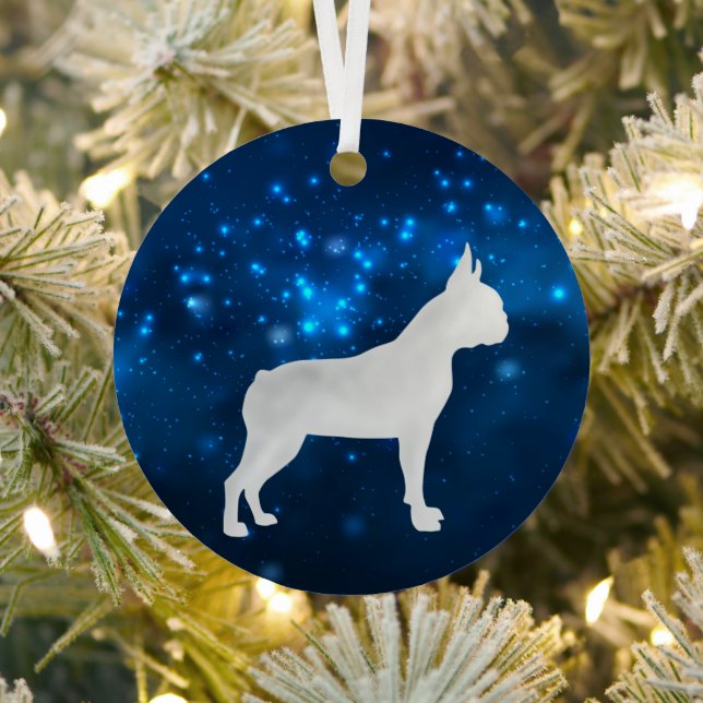 Ornement En Métal Blue Star Lights Boston Terrier Dog Noël (Insitu)
