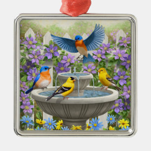 Ornement En Métal Bluebirds Goldfinches et fontaine Birdbath