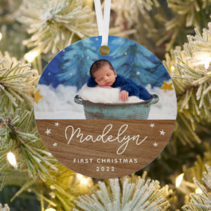 Ornement En Métal Boho Faux Wood Photo de Noël du premier bébé
