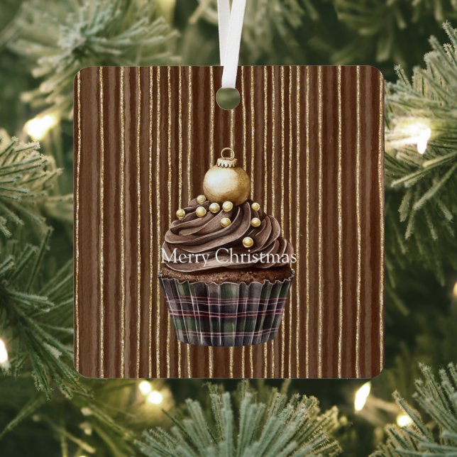 Ornement En Métal Brown Stripes Gold Ornament Christmas Cupcake   (Insitu)