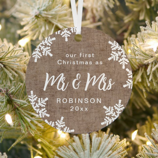 Ornement En Métal Burlap Snowflakes Our First Christmas Mr & Mrs. (Insitu)