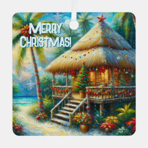 Ornement En Métal Cabane Tropicale Noël Palm Tree Beach Lumières