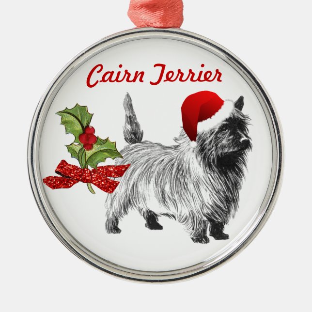 Ornement En Métal Cairn Terrier avec Père Noël Casquette Holly Chris (Devant)