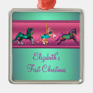 Ornement En Métal Carrousel rose Teal et Noël du bébé pourpre