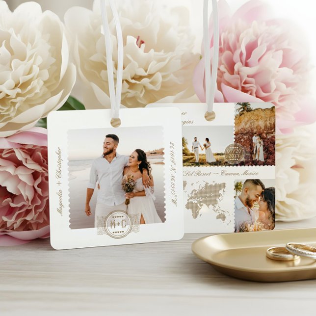 Ornement En Métal Carte de mariage de destination Pin Photo Collage  (Destination Wedding Map Pin Photo Collage Keepsake Metal Ornament)
