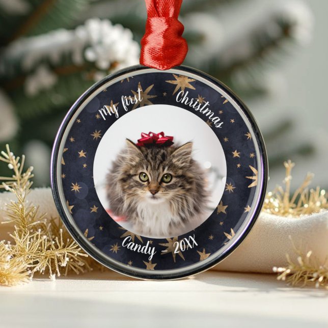 Ornement En Métal Cat Pet First Christmas Photo Rustic Messy Stars (Créateur téléchargé)