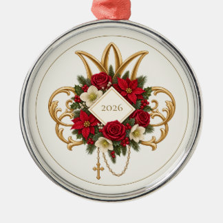 Ornement En Métal Catholic Christmas Rosary Poinsettia