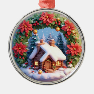 Ornement En Métal Charmant chalet enneigé orné de couronne de Noël