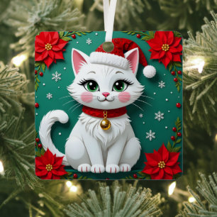 Ornement En Métal Chat au chapeau de Père Noël Poinsettias Noël fest