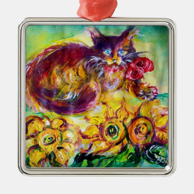 ORNEMENT EN MÉTAL CHAT AVEC RIBBON ROUGE ET SOUFFRES (Devant)