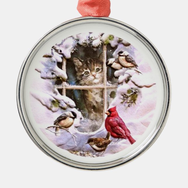 Ornement En Métal Chat Kitten Oiseaux Famille de neige (Devant)