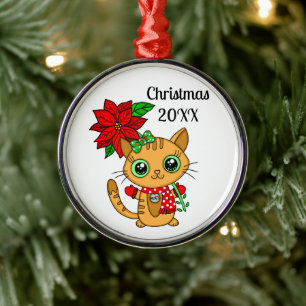 Ornement En Métal Chat orange personnalisé tenant une Poinsettia