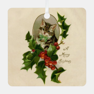 Ornement En Métal Chaton de Noël victorien au houx antique tabby