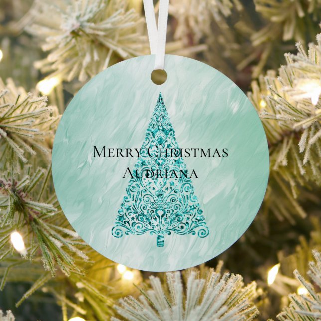 Ornement En Métal Chic White Mint Christmas Tree Parties scintillant (Insitu)
