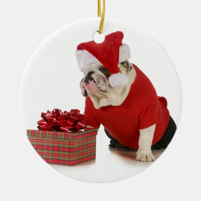 Ornement En Métal Chien de Père Noël - bouledogue anglais habillé (Devant)