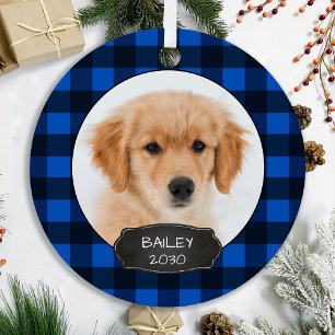 Ornement En Métal Chien Russe Noël Bleu Plaid Puppy Pet Photo Me