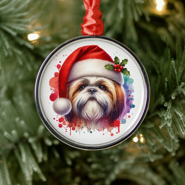 Ornement En Métal Chih Tzu Chien à Santa Hat Noël (Arbre)