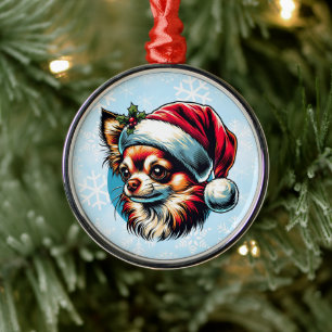 Ornement En Métal Chihuahua à Noël à Santa Hat