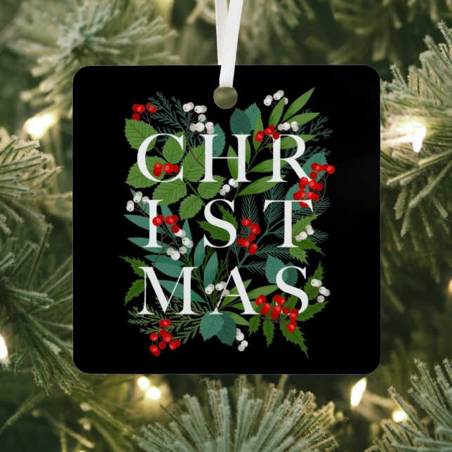 Ornement En Métal CHRISTMAS Greenery Berries Holiday Black (Insitu)