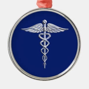 Ornement En Métal Chrome Style Caduceus Symbole Médicale sur bleu ma