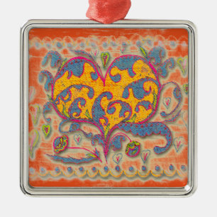 Ornement En Métal Coeur d'art populaire avec feuilles et fleurs