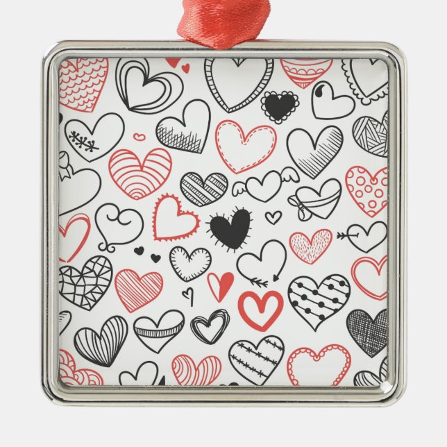 Ornement En Métal Coeurs de doodle Valentine rouge et noir hipster (Devant)