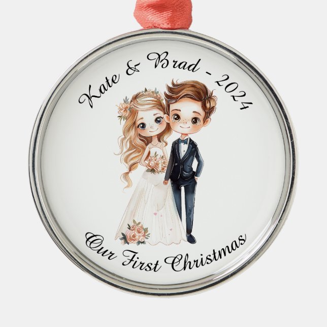 Ornement En Métal Couple de Mariés Personnalisé, Notre Premier Noël (Devant)